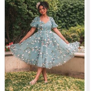 JessaKae Almond Blossom Sage Blue Floral Midi Dress with Puff Sleeves